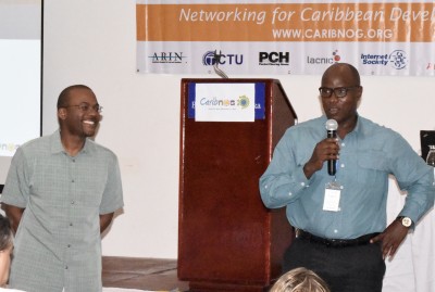 Bevil Wooding, Caribbean Outreach Manager, Packet Clearing House and Shernon Osepa, Manager of regional affairs for Latin America and the Caribbean, Internet Society at the Caribbean Network Operators Group meeting in Belize, May 2015. PHOTO: GERARD BEST